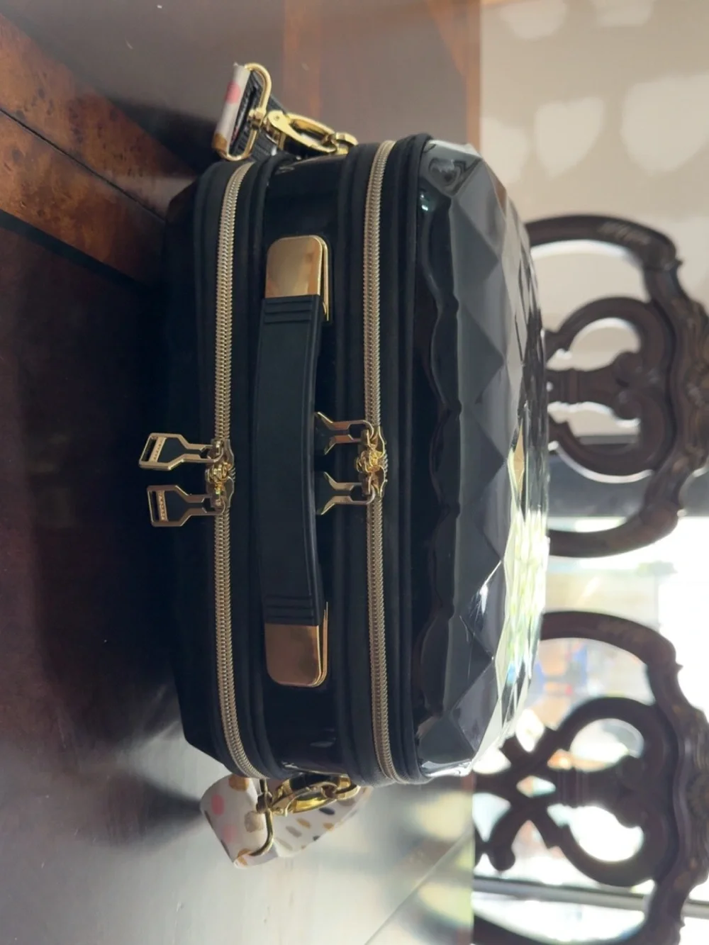 Black Quilted Crossbody Makeup Bag with Polka Dot Strap & Interior